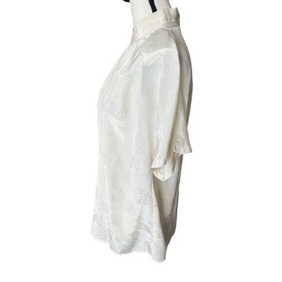 Vintage Cream Satin High Neck Pleated Paisley Print Blouse Size Medium - Picture 3 of 9